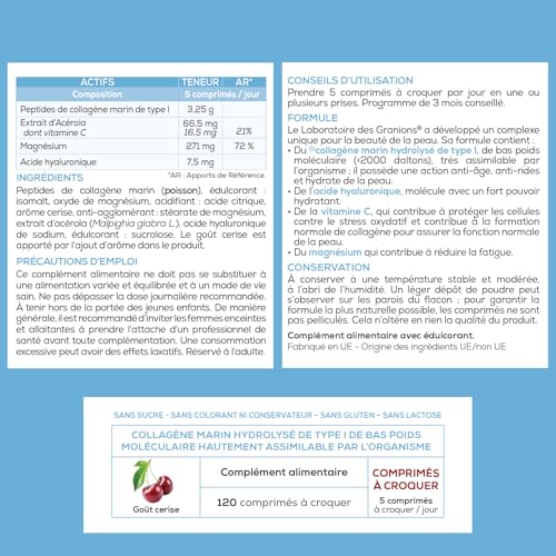 Collagène Marin Gummies + Vitamine C + Acide Hyaluronique - Complément Alimentaire pour la Peau - 120 Gélules Faciles à 