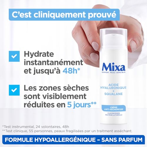 Mixa - Crème Anti-Sécheresse Hydrate pendant 48H - Hypoallergénique - Pour la Peau Sensible - Apaise les Tiraillements -